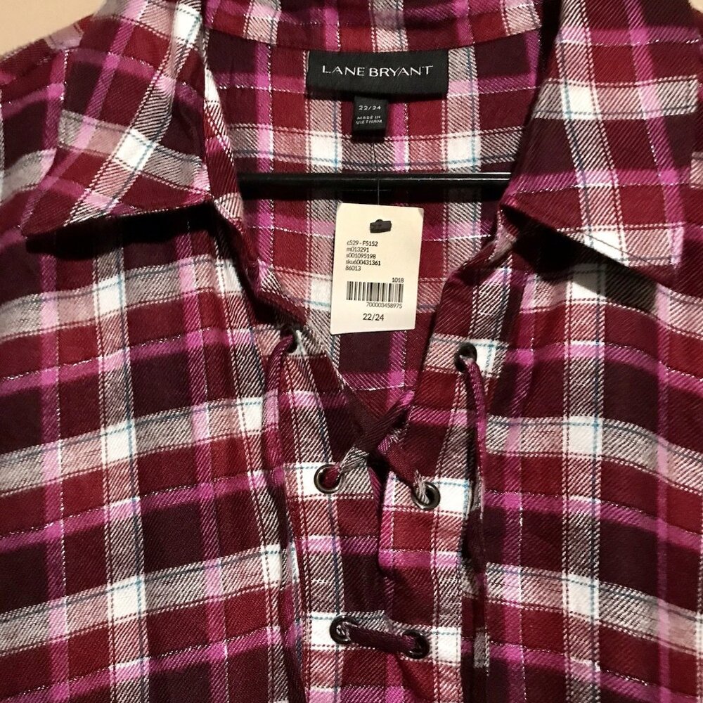 Lane‎ Bryant 22W 24W Purple Pink Rayon Flannel Plaid Lace Up Collar Tunic Top - Picture 3 of 6